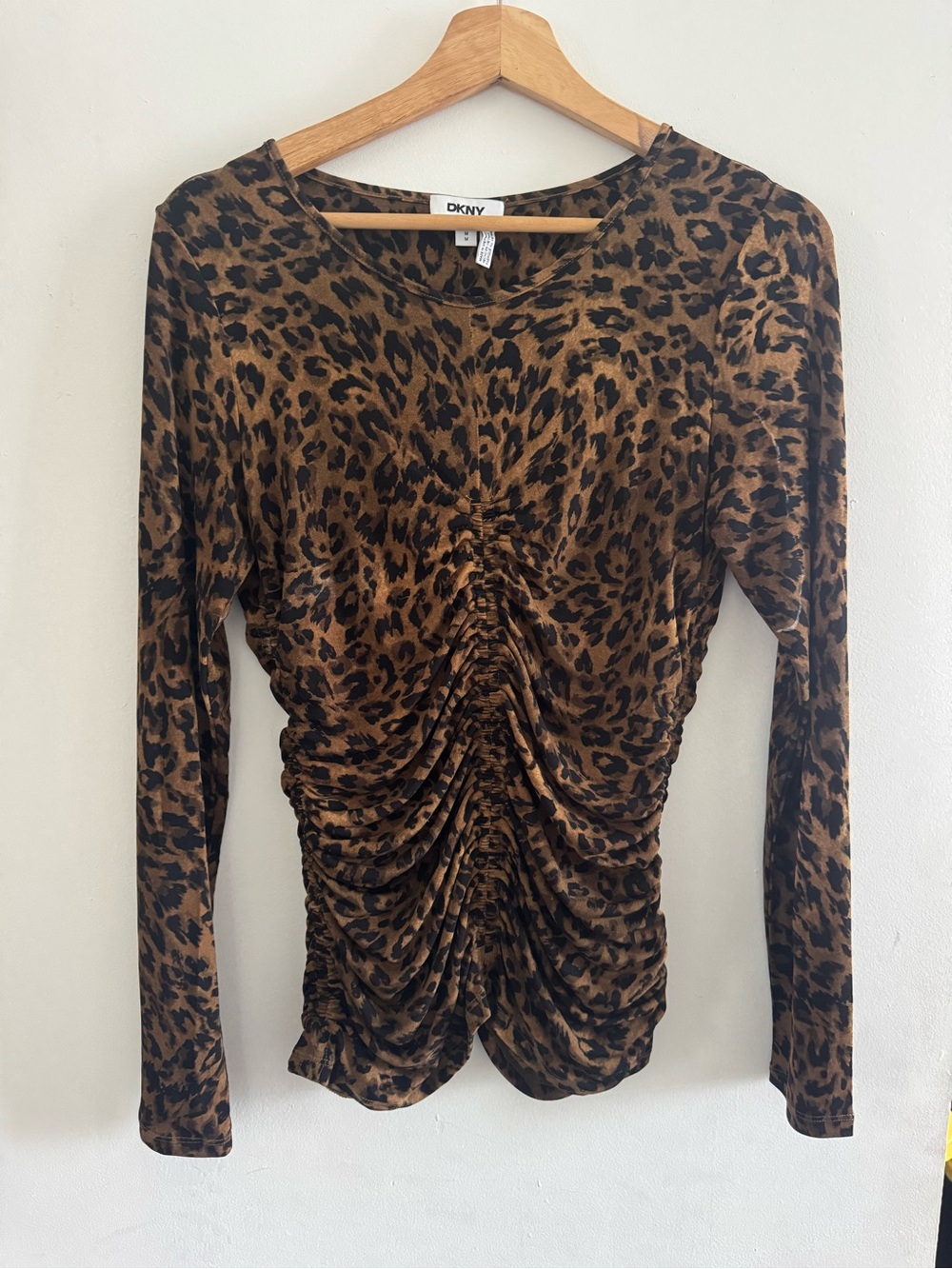 DKNY Leopard-Print Ruched Long-Sleeve Top - Brown & Black